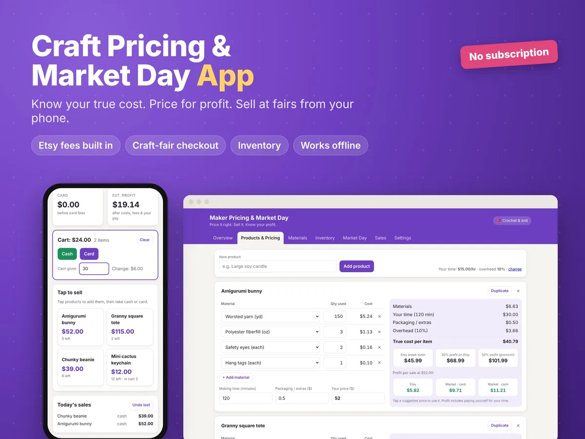 Craft Pricing & Market Day App (sample data)