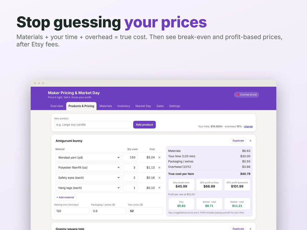 Craft Pricing & Market Day App screen (pricing, sample data)
