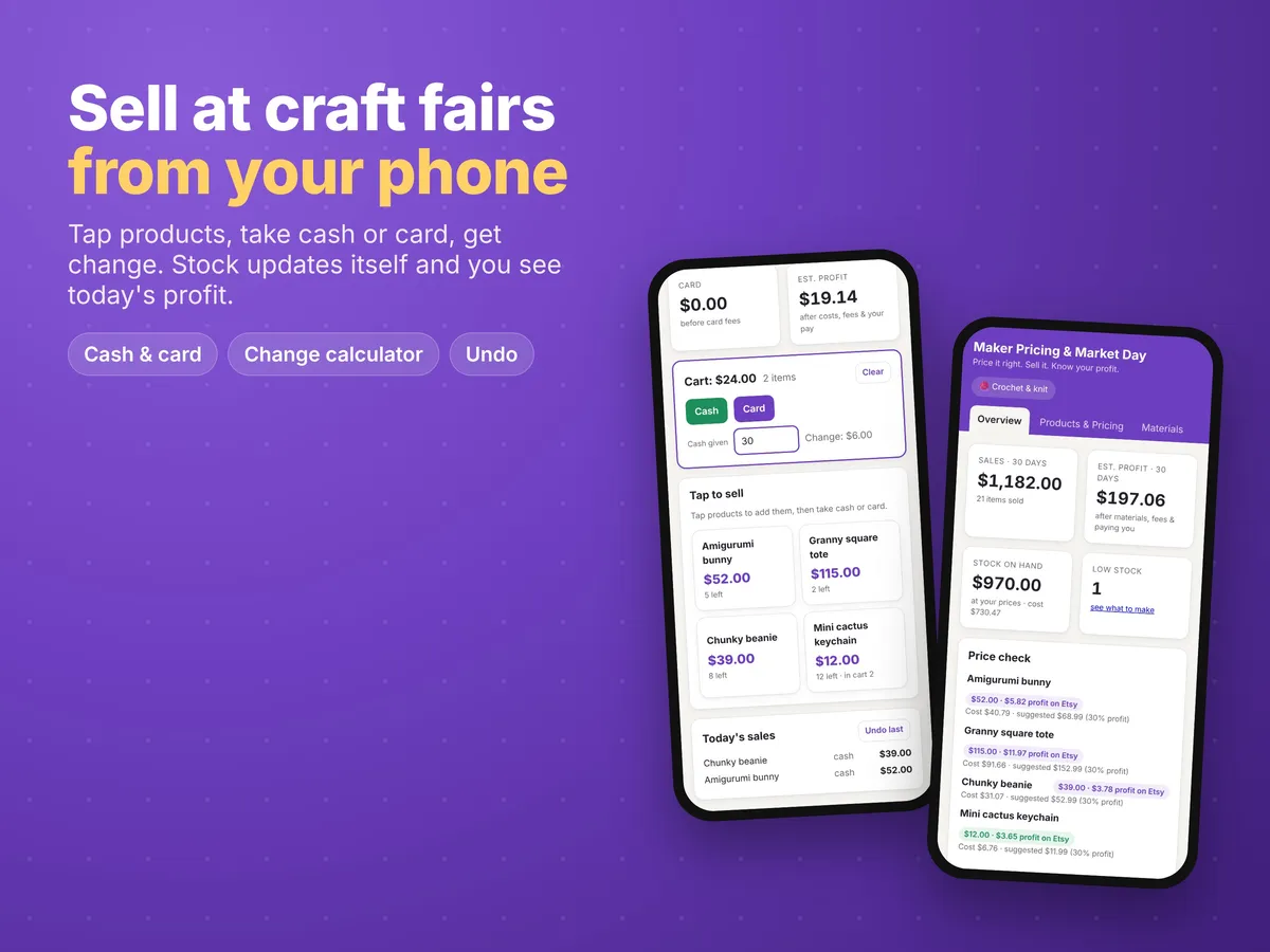 Craft Pricing & Market Day App screen (market, sample data)