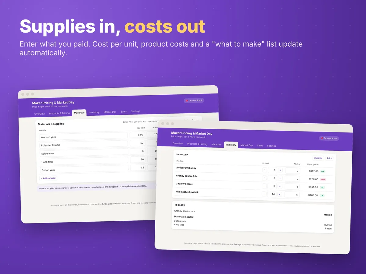 Craft Pricing & Market Day App screen (materials, sample data)