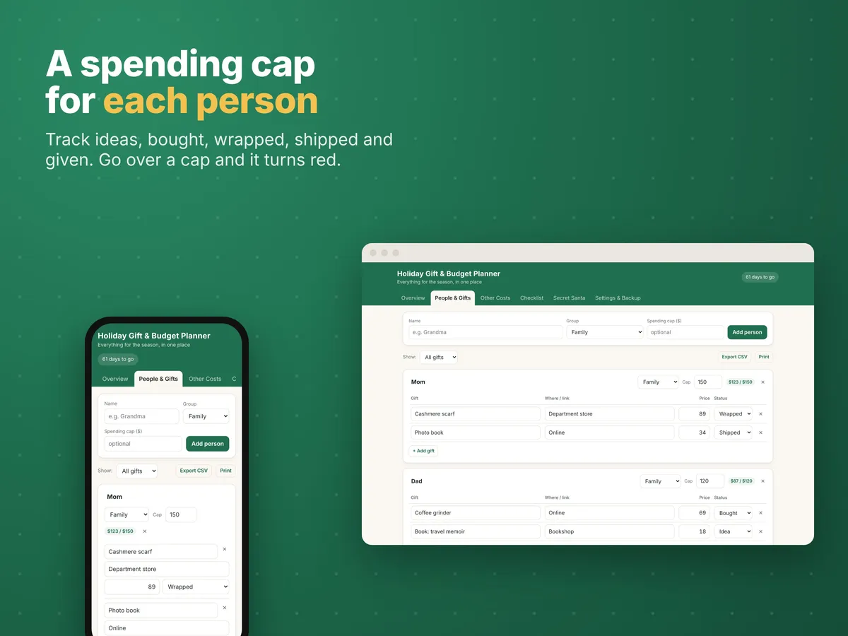 Holiday Gift & Budget Planner App screen (gifts, sample data)