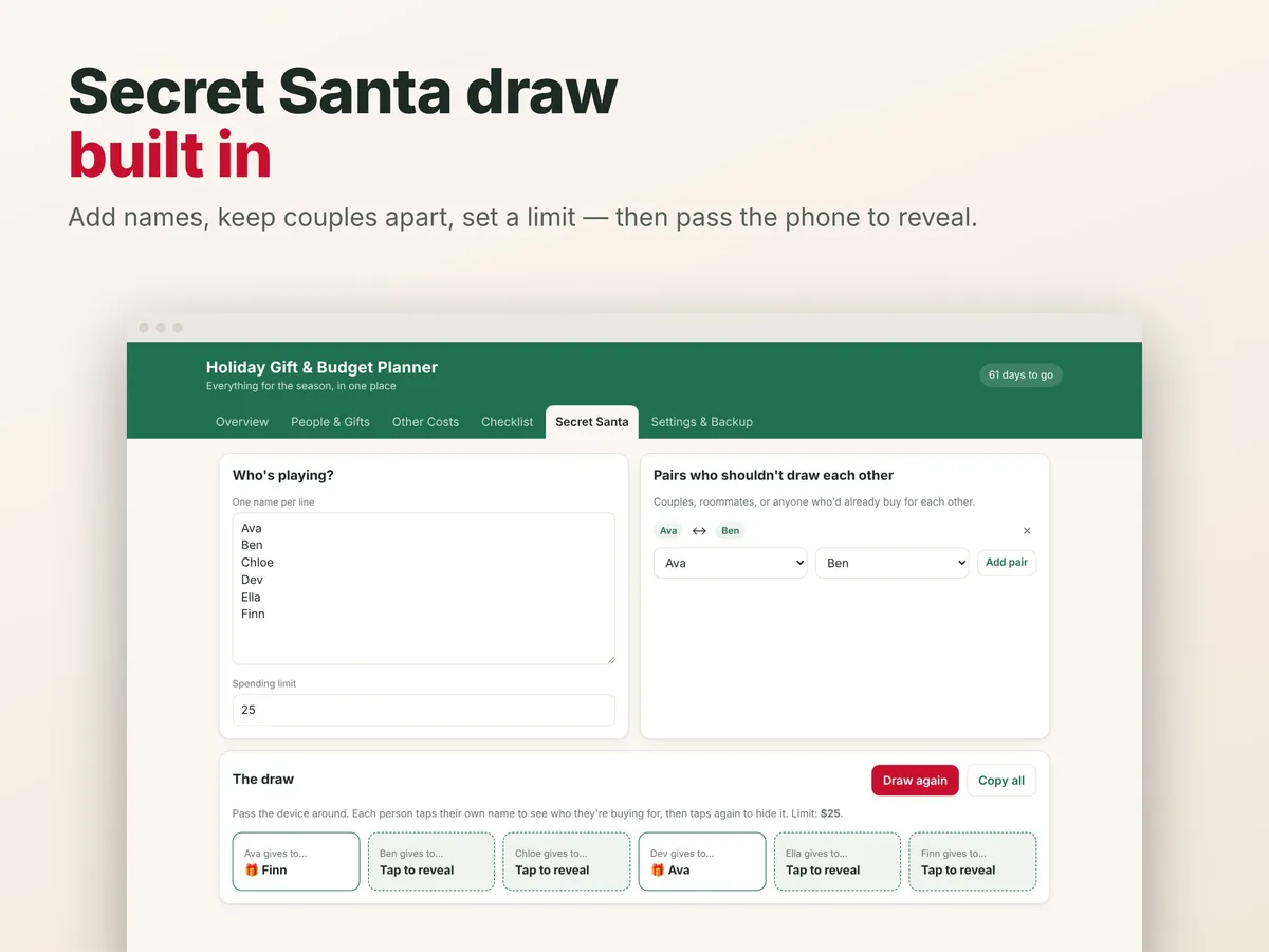 Holiday Gift & Budget Planner App screen (santa, sample data)