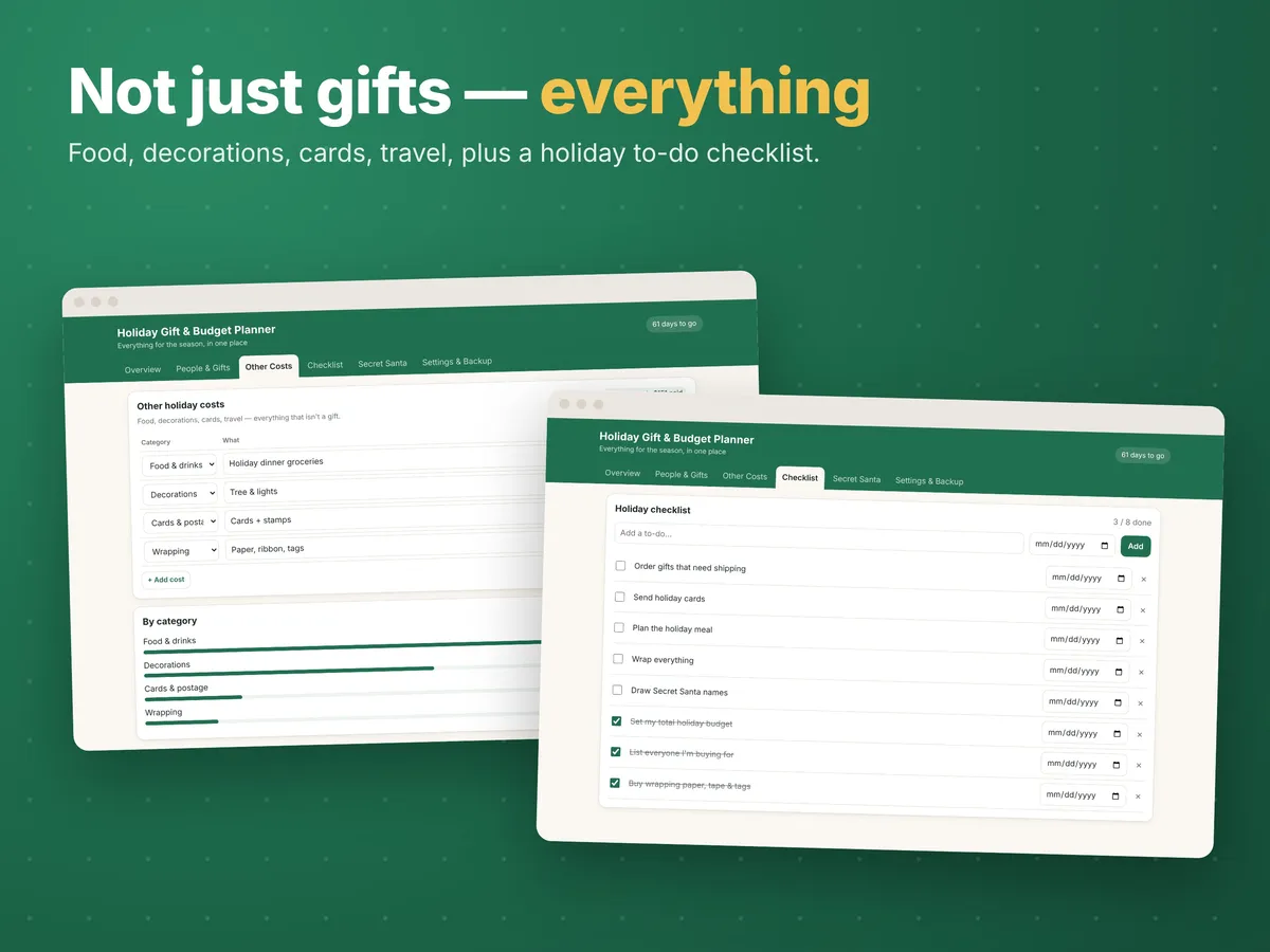 Holiday Gift & Budget Planner App screen (costs, sample data)