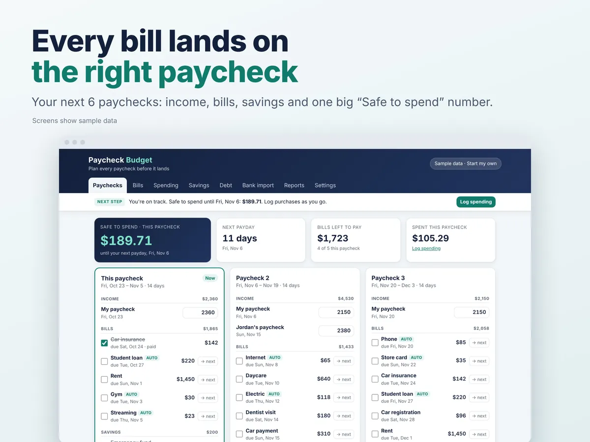 Paycheck Budget App screen (timeline, sample data)