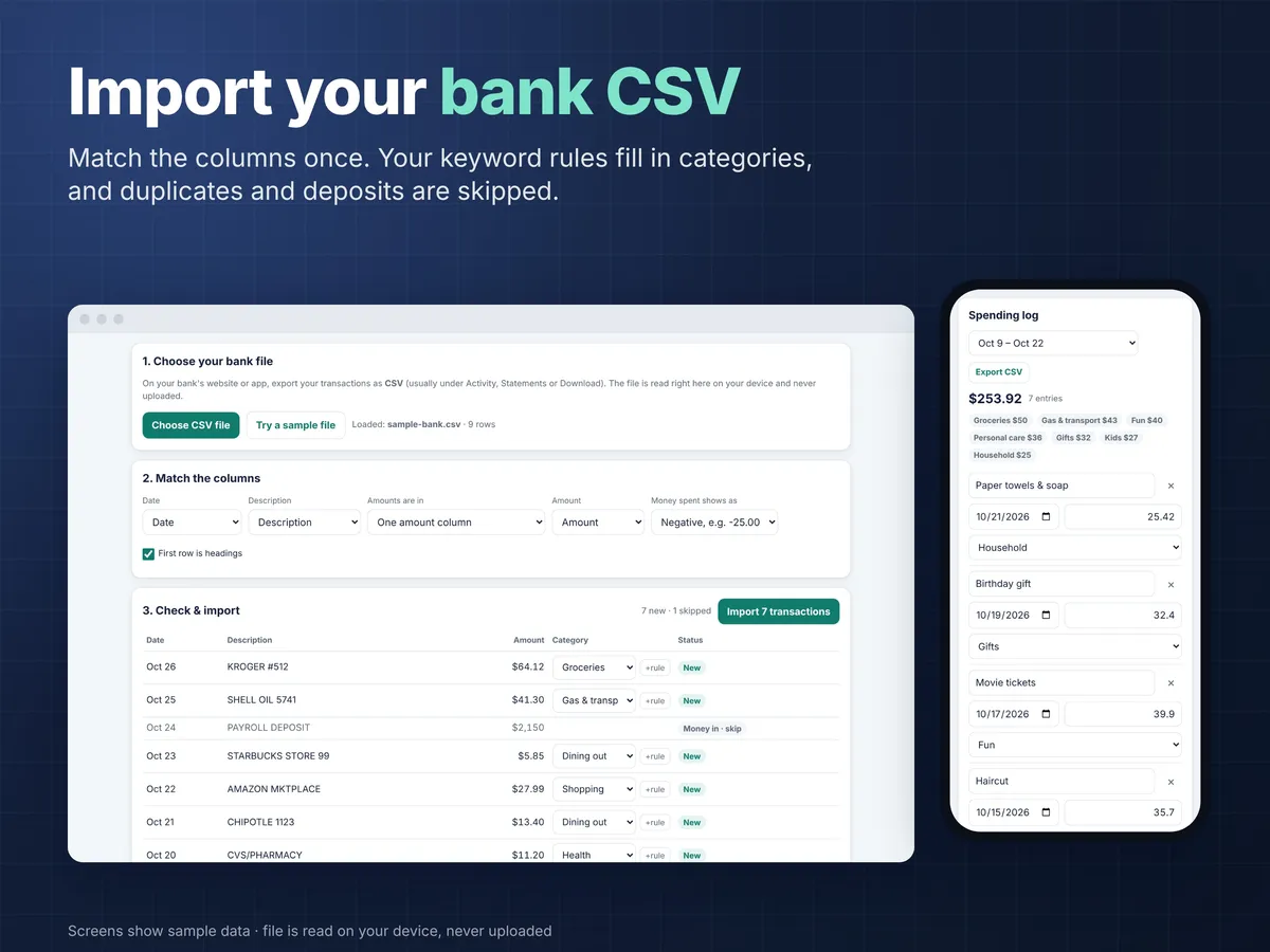 Paycheck Budget App screen (import, sample data)