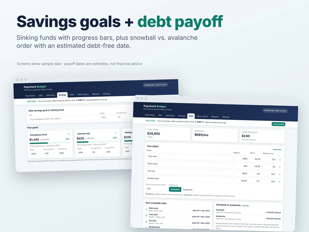 Paycheck Budget App screen (goals debt, sample data)