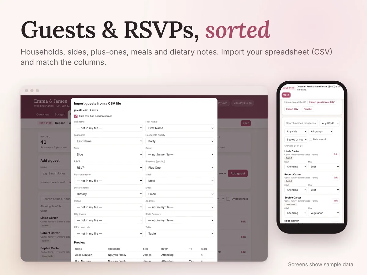 Wedding Planner App screen (guests, sample data)