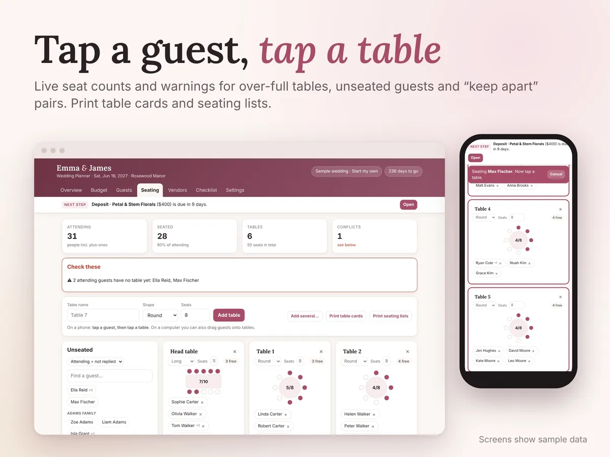 Wedding Planner App screen (seating, sample data)