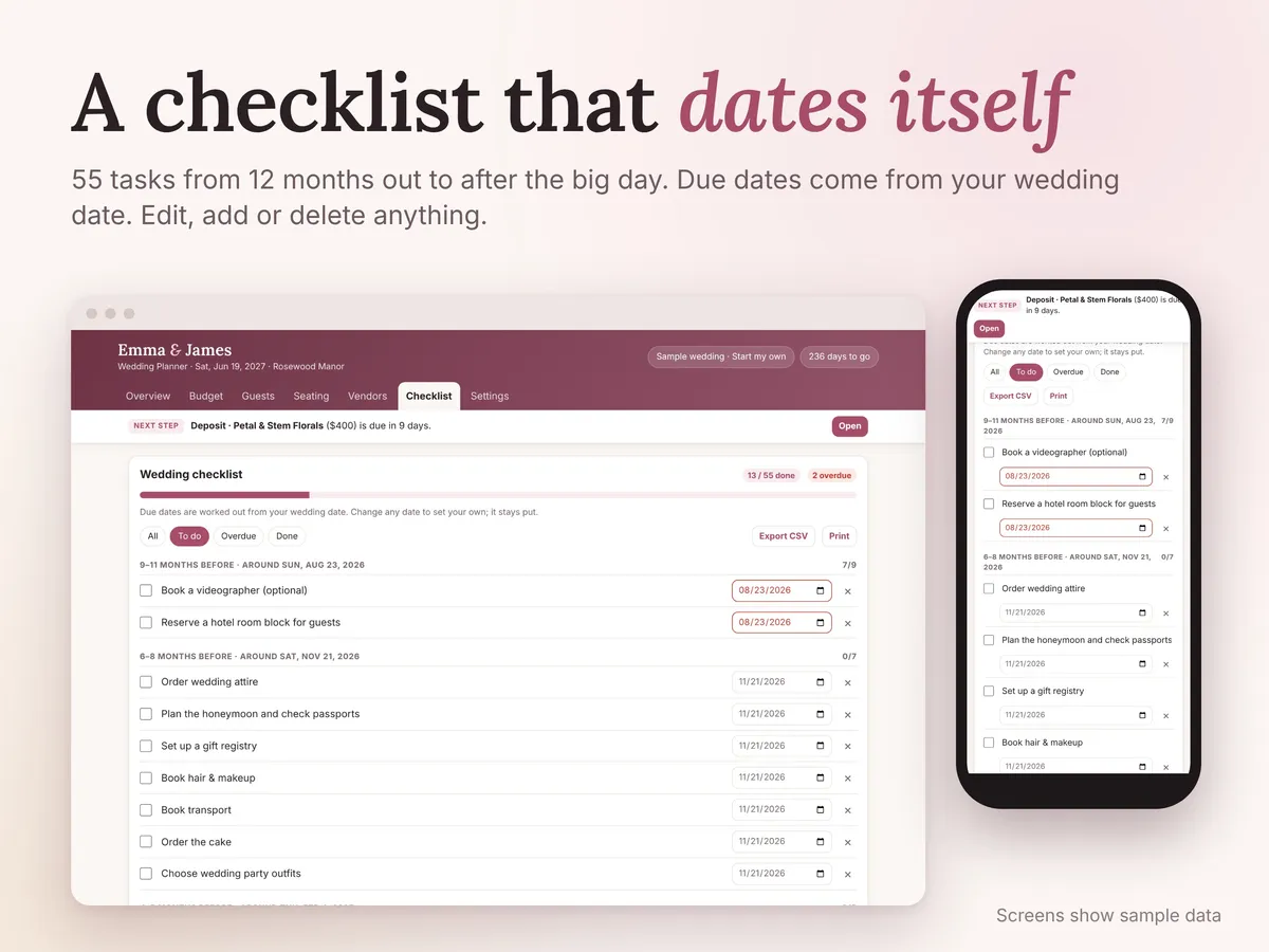 Wedding Planner App screen (checklist, sample data)